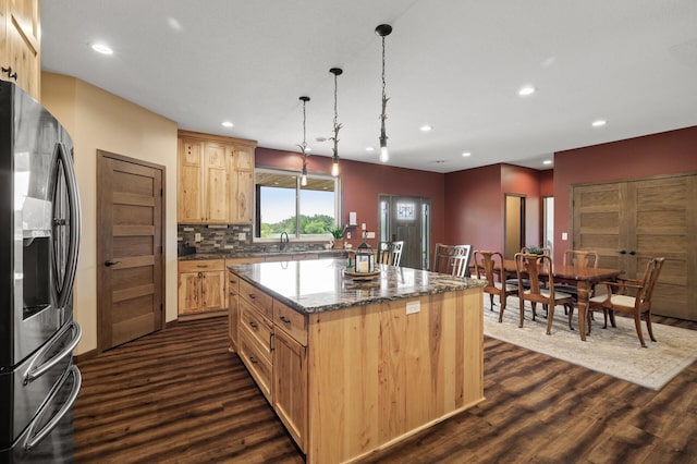 7410 313th Ave NE, North Branch Twp, MN 55056 - kitchen with stainless steel fridge, light brown cabinets, a sink, dark wood-style floors, and recessed lighting