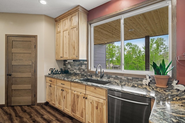 7410 313th Ave NE, North Branch Twp, MN 55056 - kitchen with stainless steel dishwasher, a sink, light brown cabinets, backsplash, and dark wood-style flooring