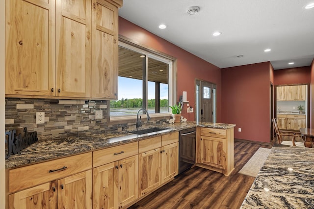 7410 313th Ave NE, North Branch Twp, MN 55056 - kitchen featuring dishwasher, a sink, light brown cabinetry, dark wood finished floors, and recessed lighting
