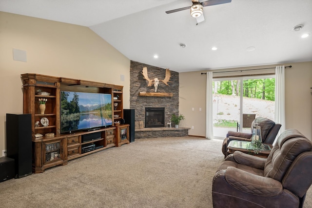 7410 313th Ave NE, North Branch Twp, MN 55056 - living area with carpet floors, lofted ceiling, a ceiling fan, a fireplace, and recessed lighting