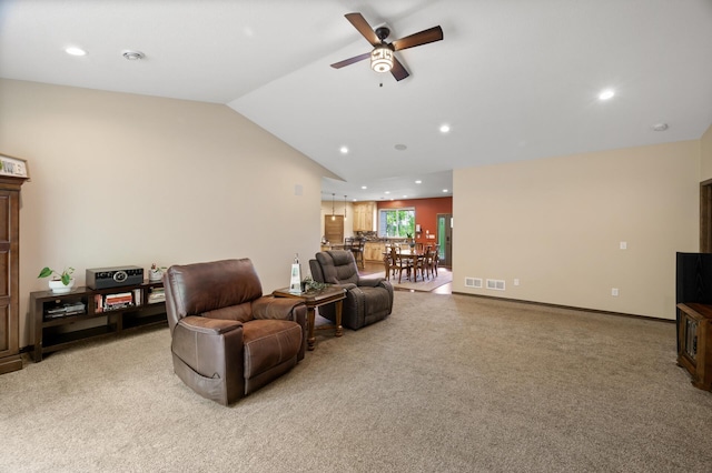 7410 313th Ave NE, North Branch Twp, MN 55056 - living area featuring ceiling fan, light colored carpet, lofted ceiling, and recessed lighting