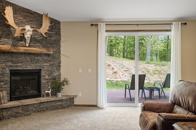 7410 313th Ave NE, North Branch Twp, MN 55056 - living room featuring carpet and a fireplace