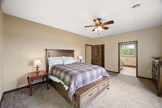 7410 313th Ave NE, North Branch Twp, MN 55056 - bedroom featuring light colored carpet, baseboards, a ceiling fan, recessed lighting, and connected bathroom