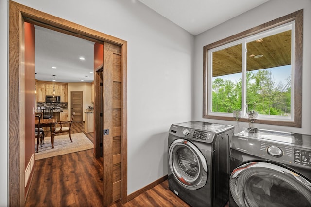 7410 313th Ave NE, North Branch Twp, MN 55056 - laundry area featuring dark wood finished floors, independent washer and dryer, baseboards, and recessed lighting