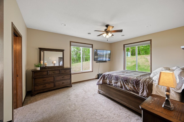 7410 313th Ave NE, North Branch Twp, MN 55056 - bedroom featuring multiple windows, carpet floors, baseboards, a ceiling fan, and recessed lighting