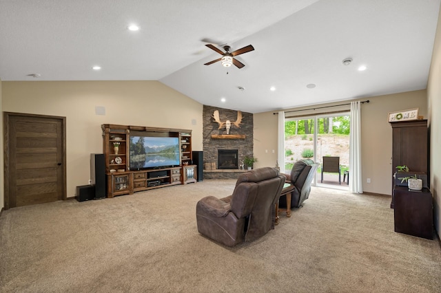 7410 313th Ave NE, North Branch Twp, MN 55056 - living area with carpet floors, ceiling fan, vaulted ceiling, a stone fireplace, and recessed lighting