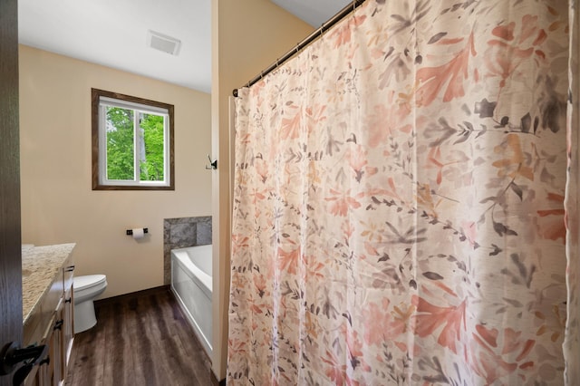7410 313th Ave NE, North Branch Twp, MN 55056 - bathroom with wood finished floors, vanity, a bath, and curtained shower