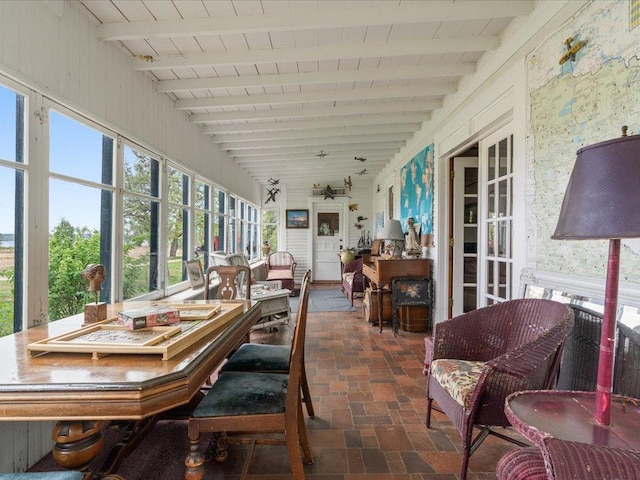 114 Washburn Ave W, Backus, MN 56435 - sunroom featuring brick flooring and wood ceiling with exposed beams