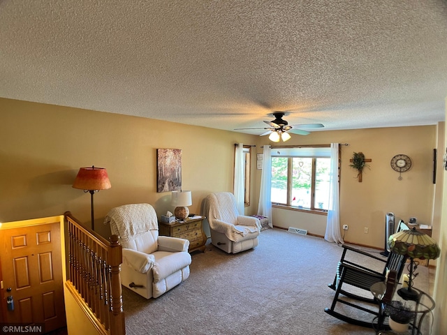 204 10th St N, Sartell, MN 56377 - sitting room featuring a textured ceiling, an upstairs landing, ceiling fan, and carpet