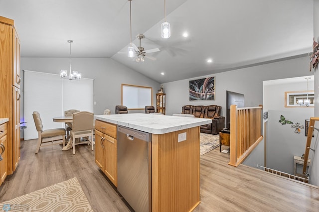 6738 Joseph St, Horace, ND 58047 - kitchen with dishwasher, a chandelier, lofted ceiling, a center island, and light wood finished floors