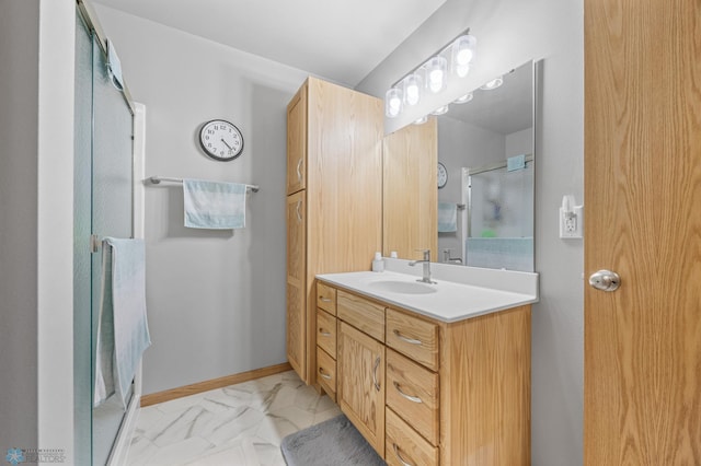 6738 Joseph St, Horace, ND 58047 - full bathroom featuring vanity, a shower stall, and marble look tile flooring