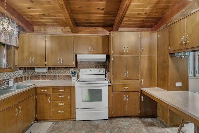 148 21st Ave N, Saint Cloud, MN 56303 - kitchen with electric stove, under cabinet range hood, wooden ceiling with exposed beams, stone finish floors, and a sink