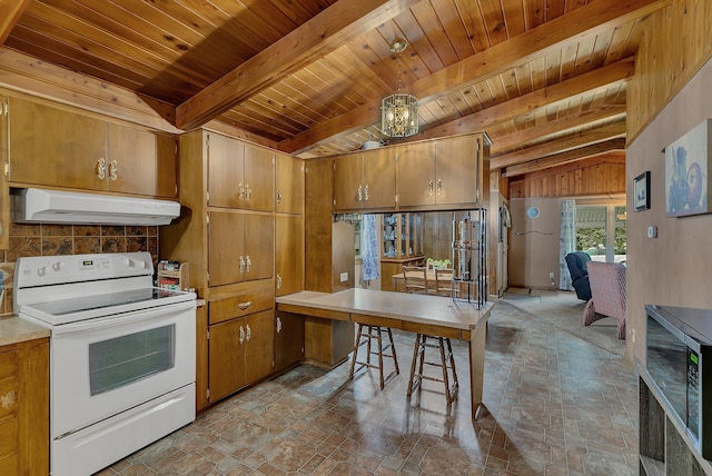 148 21st Ave N, Saint Cloud, MN 56303 - kitchen featuring white range with electric cooktop, under cabinet range hood, wood ceiling with exposed beams, light stone finish floors, and brown cabinetry
