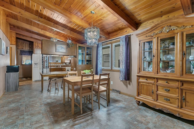 148 21st Ave N, Saint Cloud, MN 56303 - dining space with a chandelier, wood ceiling with exposed beams, baseboards, and stone finish floors