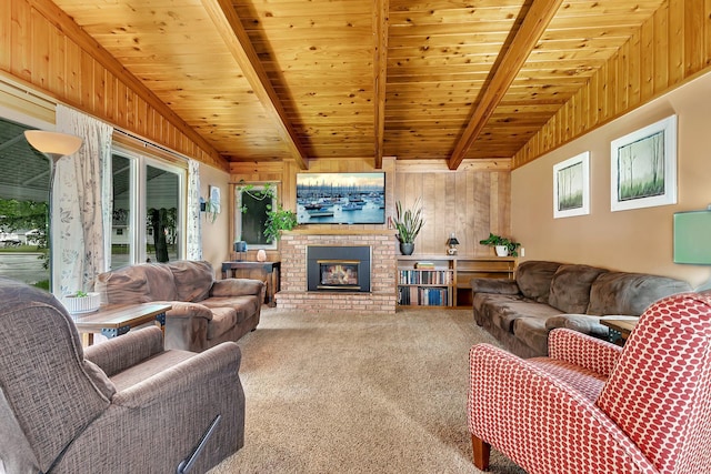 148 21st Ave N, Saint Cloud, MN 56303 - carpeted living room with wood walls, a brick fireplace, and wood ceiling with exposed beams
