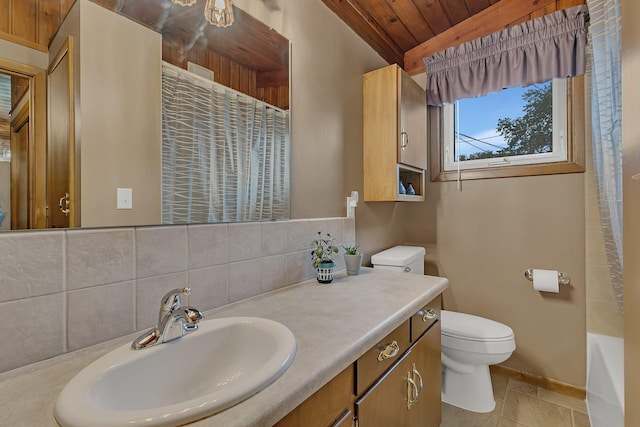 148 21st Ave N, Saint Cloud, MN 56303 - bathroom featuring wooden ceiling, toilet, vanity, tasteful backsplash, and baseboards