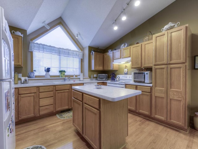 3335 Aaron Dr, Elko New Market, MN 55054 - kitchen with white appliances, under cabinet range hood, vaulted ceiling, light countertops, and light wood-style floors