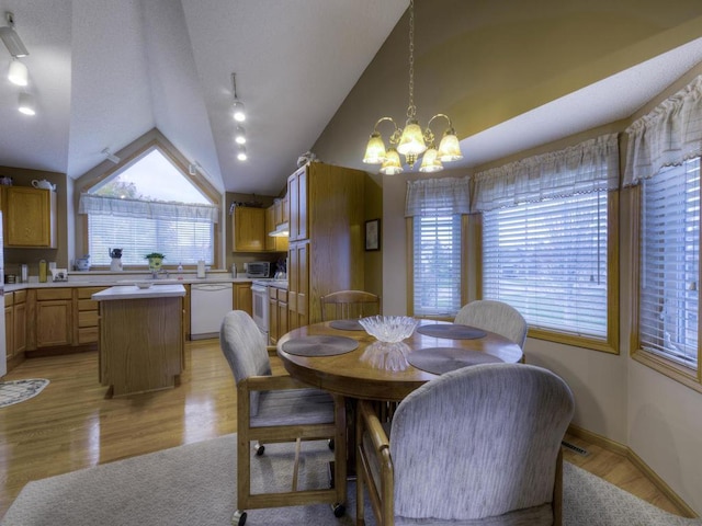 3335 Aaron Dr, Elko New Market, MN 55054 - dining area featuring vaulted ceiling, light wood-style floors, and a chandelier