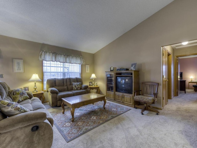 3335 Aaron Dr, Elko New Market, MN 55054 - carpeted living room featuring vaulted ceiling and a textured ceiling