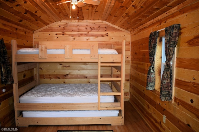 48080 218th Pl, Mcgregor, MN 55760 - unfurnished bedroom featuring vaulted ceiling, wooden walls, wooden ceiling, a relaxing sauna, and wood finished floors