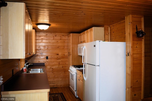 48080 218th Pl, Mcgregor, MN 55760 - kitchen featuring white appliances, a sink, wooden ceiling, dark wood-style floors, and wood walls