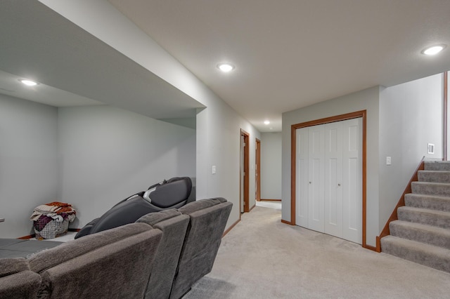1004 7th Ave NW, Kasson, MN 55944 - living room featuring light carpet, stairway, recessed lighting, and baseboards