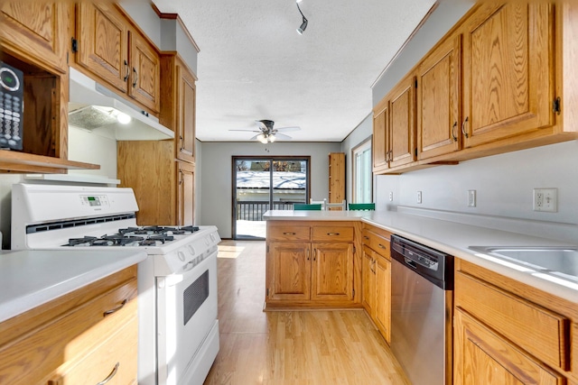 3311 Yukon Ave S, Saint Louis Park, MN 55426 - kitchen featuring white gas range oven, stainless steel dishwasher, a peninsula, light countertops, and ceiling fan
