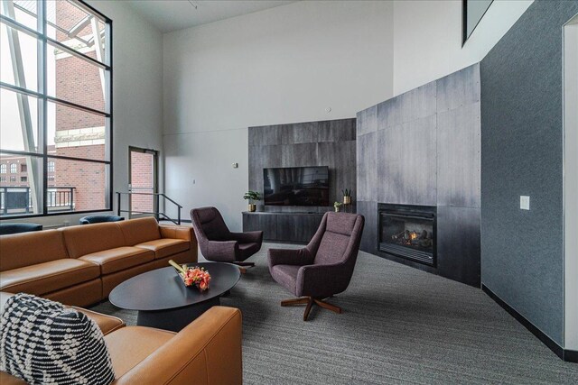 401 2nd St N Unit 220, Minneapolis, MN 55401 - carpeted living room featuring a towering ceiling and a fireplace