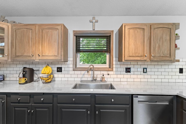 1680 Bluebird Ln, Mound, MN 55364 - kitchen featuring dishwasher, a sink, decorative backsplash, glass insert cabinets, and a textured ceiling