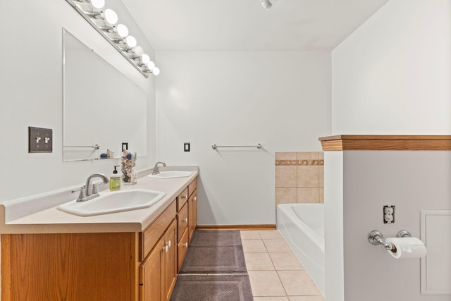 1680 Bluebird Ln, Mound, MN 55364 - full bath with tile patterned floors, double vanity, baseboards, and a bath