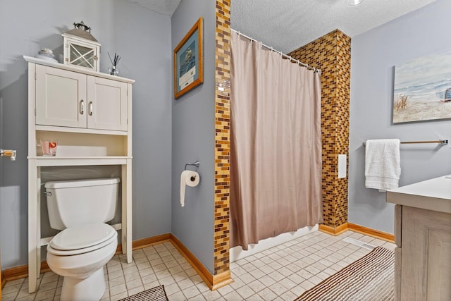 1680 Bluebird Ln, Mound, MN 55364 - bathroom featuring toilet, a shower with shower curtain, baseboards, a textured ceiling, and vanity