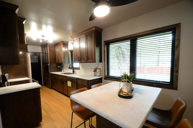415 Hubbard Ave N, Litchfield, MN 55355 - kitchen featuring a sink, dishwasher, a ceiling fan, tasteful backsplash, and light countertops