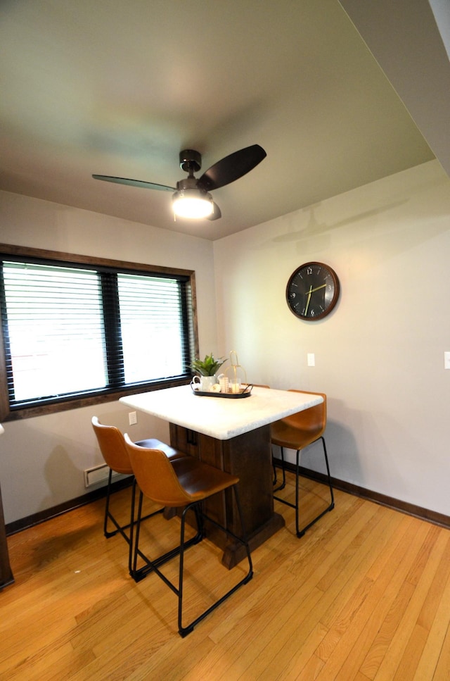 415 Hubbard Ave N, Litchfield, MN 55355 - dining room with light wood-style flooring, ceiling fan, baseboards, and a baseboard radiator