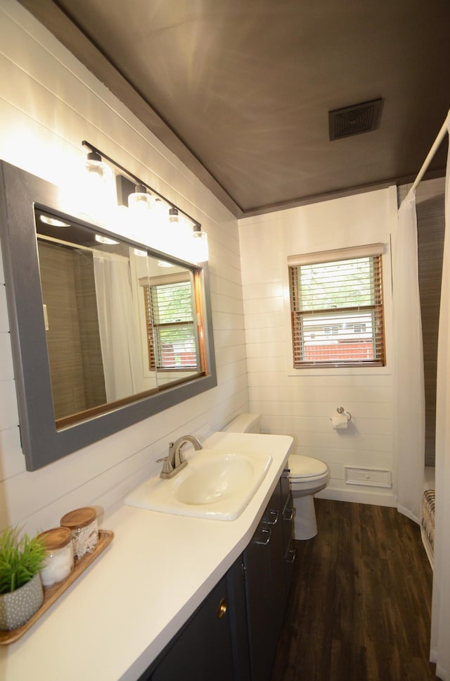 415 Hubbard Ave N, Litchfield, MN 55355 - bathroom featuring vanity, a shower with curtain, wood finished floors, and toilet