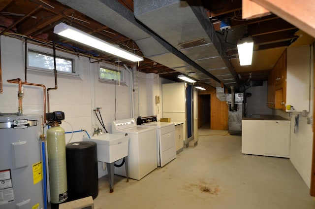 415 Hubbard Ave N, Litchfield, MN 55355 - basement with electric water heater, independent washer and dryer, a water softener, and heating unit