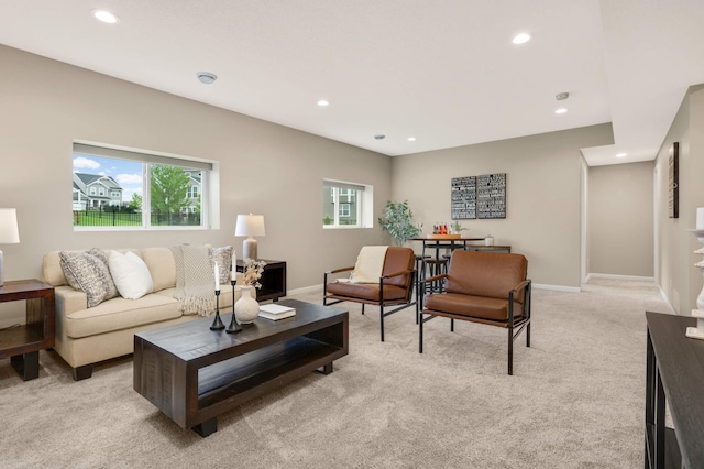 5010 Sandpebble Ln, Woodbury, MN 55129 - living room featuring recessed lighting, light carpet, healthy amount of natural light, and baseboards
