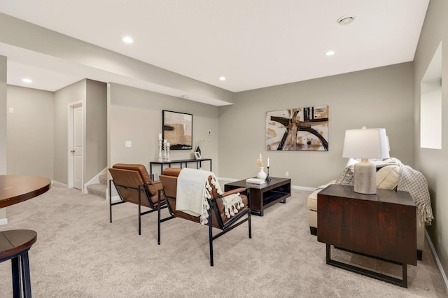 5010 Sandpebble Ln, Woodbury, MN 55129 - living area featuring light carpet, stairway, baseboards, and recessed lighting