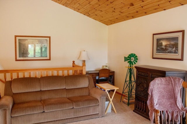11005 320th St, Clover Twp, MN 56470 - living area featuring carpet floors, vaulted ceiling, and wooden ceiling