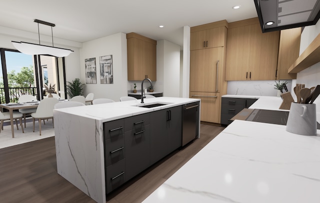 2815 44th St Unit 15, Minneapolis, MN 55410 - kitchen with a sink, stainless steel dishwasher, light stone counters, backsplash, and dark wood-style floors
