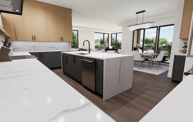 2815 44th St Unit 15, Minneapolis, MN 55410 - kitchen featuring a sink, decorative backsplash, dark wood-style flooring, light stone counters, and recessed lighting