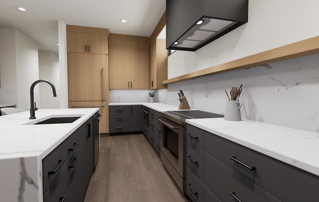 2815 44th St Unit 15, Minneapolis, MN 55410 - kitchen featuring stainless steel range with electric cooktop, light wood-style floors, a sink, extractor fan, and tasteful backsplash
