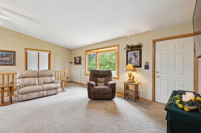 4765 344th Ln NW, Cambridge, MN 55008 - carpeted living area with vaulted ceiling, a ceiling fan, baseboards, and a textured ceiling