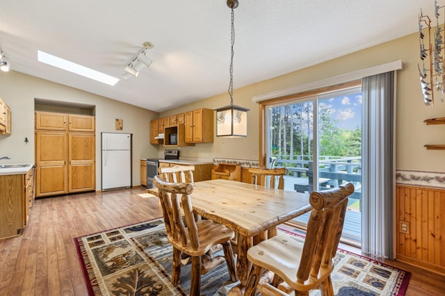 4765 344th Ln NW, Cambridge, MN 55008 - dining area featuring a skylight, light wood-style floors, vaulted ceiling, rail lighting, and a wainscoted wall