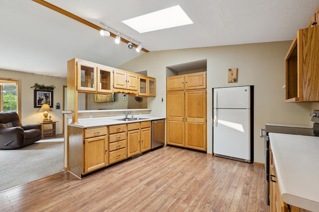 4765 344th Ln NW, Cambridge, MN 55008 - kitchen with stainless steel appliances, track lighting, a sink, a skylight, and lofted ceiling