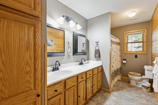 4765 344th Ln NW, Cambridge, MN 55008 - full bathroom featuring toilet, double vanity, baseboards, and a shower with curtain