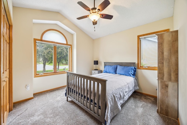 582 139th Ln NW, Andover, MN 55304 - bedroom featuring carpet, vaulted ceiling, baseboards, and a ceiling fan