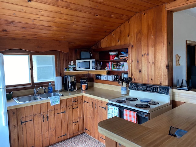 42606 Pleasure Park Rd, Otter Tail Twp, MN 56571 - kitchen with range with electric stovetop, white microwave, a sink, lofted ceiling, and wooden ceiling