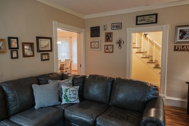 835 Park St, Fairmont, MN 56031 - living room with wood finished floors, stairs, crown molding, and baseboards