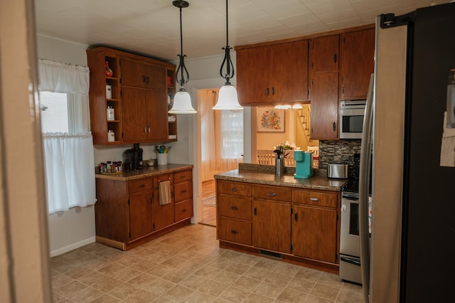 835 Park St, Fairmont, MN 56031 - kitchen with brown cabinetry, stainless steel appliances, backsplash, open shelves, and pendant lighting