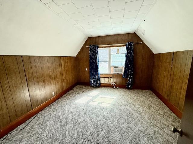 220 Front St E, Redwood Falls, MN 56283 - additional living space featuring wood walls, lofted ceiling, carpet flooring, and baseboards
